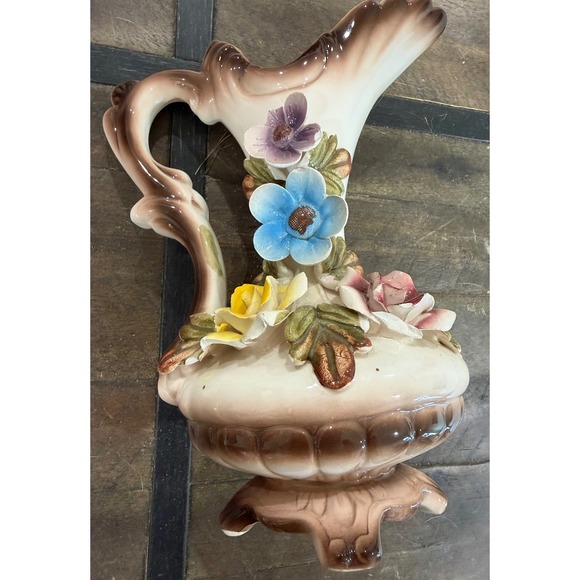 Other - Vintage Ceramic Floral Pitcher Vase 3D Applied Flowers Cream Brown 10 Inch